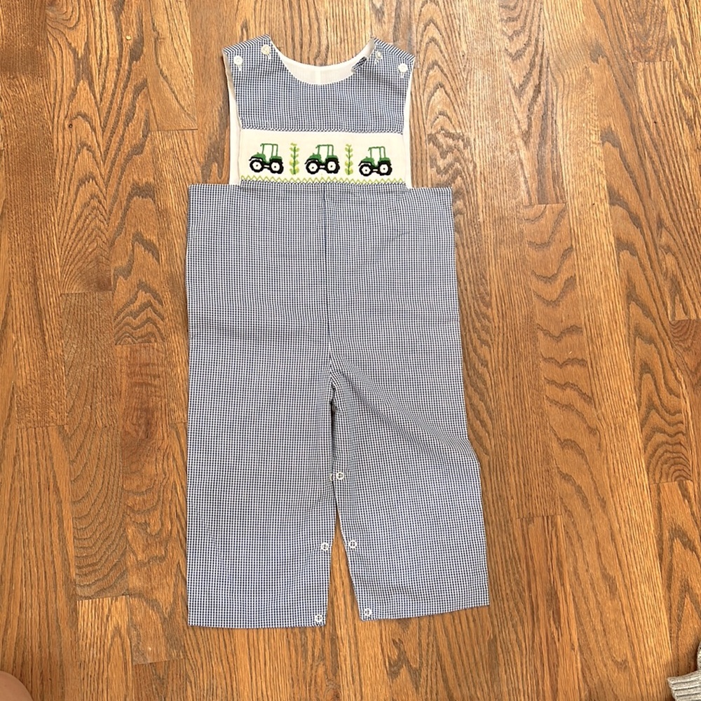 2T Boys blue white plaid tractor one piece Jon Jon